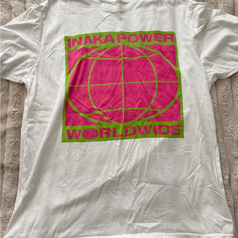Inaka Power White Tee with Pink and Green Design
